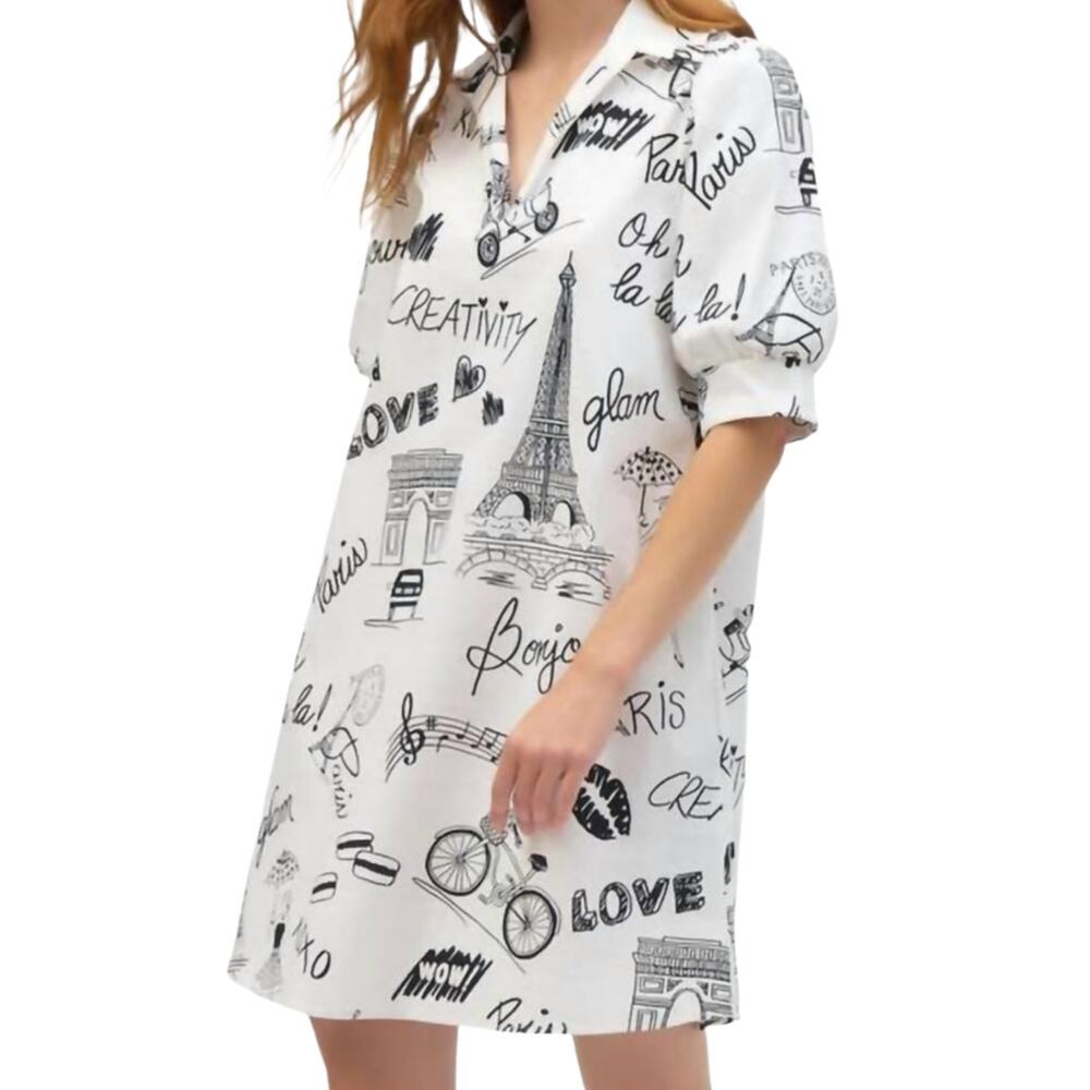 Women's Joseph Ribkoff Poplin Conversational Print A-Line Dress Paris France 16